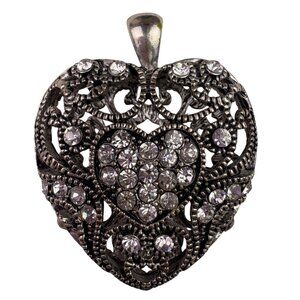 Silver Tone Womens Rhinestone Filigree Puffy Heart Pendant Jewelry Statement